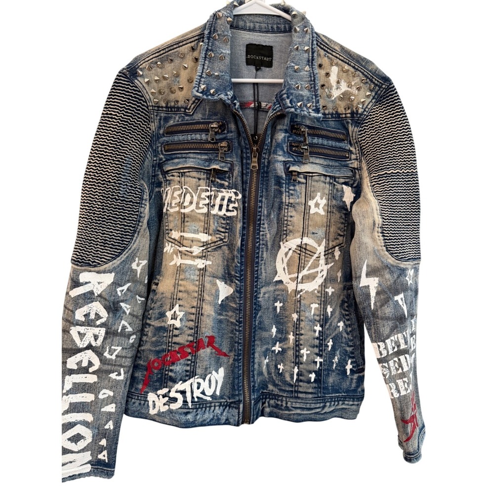 Rockstar Bowie Light Denim Jacket Mens Large Studded Moto Distressed Blue New